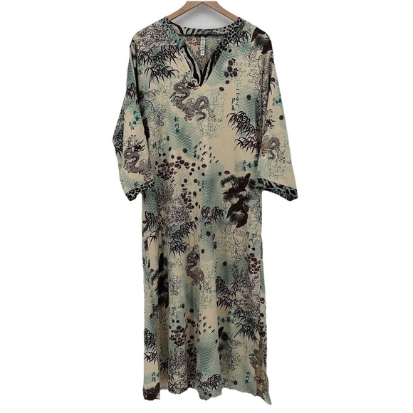 Natori Cruz Satin Maxi Kimono Sleeve Kaftan Dragon Asian Dress Sz XS Resort Gown - Picture 1 of 9